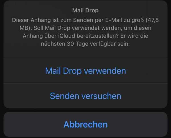 Bildschirmdialog auf iPhone mit der Frage, ob ein Dateianhang als Mail Drop versandt werden soll.