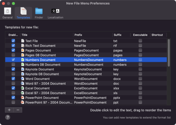 Liste der Dokumenttypen in New File Menu.