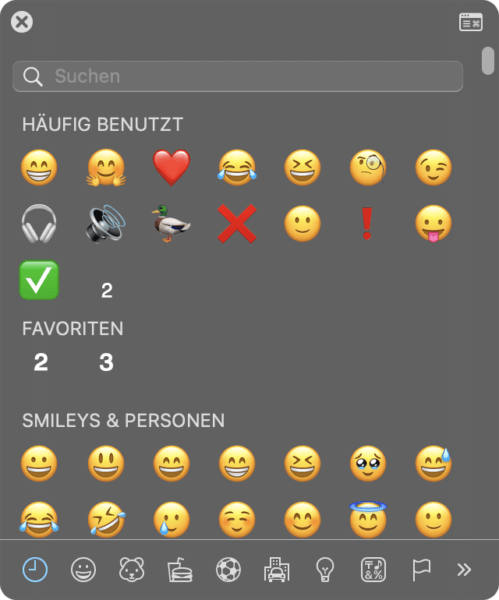 Mehrere Emoji, Smilies und andere Symbole in einem Fenster angeordnet.