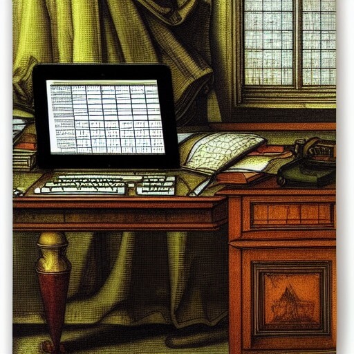Aus Text generiertes Bild im Stile Albrecht Dürers, das eine Tabellenkalkulation auf einem Computerbildschirm zeigt.